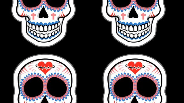 Seamless animation of cartoon mexican candy skulls. Halloween funny background isolated with alpha channel