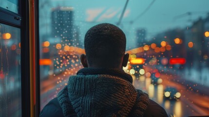 Obraz premium A man lost in thought, looking at the city passing by from a bus window