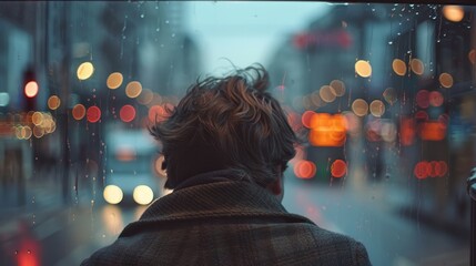 A man lost in thought, looking at the city passing by from a bus window