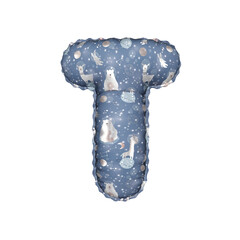 3D inflated balloon letter T with blue and mellow colored alpacca astronaut space pattern