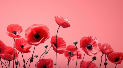 Obraz premium Beautiful red flowers on a pink background. Abstract layout of a colored frame with space for text. An invitation to a wedding. The concept of International Women's Day, Mother's Day.