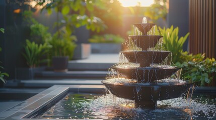 A modern fountain with multiple tiers adding a touch of elegance to any outdoor space - obrazy, fototapety, plakaty