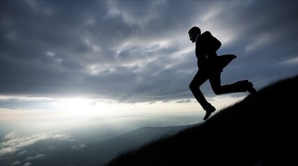 Determined Businessman Running Up Hill Against Skyline at Dusk