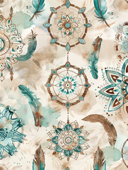 Boho pattern with flowers, dreamcatchers and feathers wallpaper with beige and pastel colors illustration
