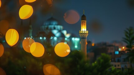  A mosque's minaret lit up during the night in Ramadan, Ramadan, blurred background - obrazy, fototapety, plakaty