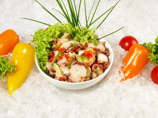 Various Mini Peppers and Octopus Salad on Ice with white Background - 748543335