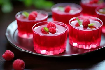 Fototapeten Fruity Raspberry jelly shots. Gelatin dessert snack macro shot. Generate Ai © juliars