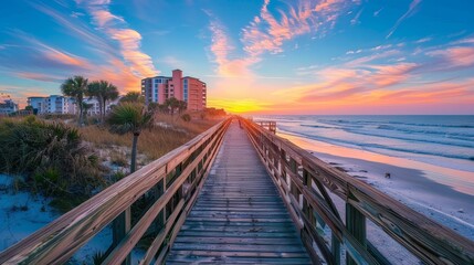 A nostalgic seaside boardwalk at sunset