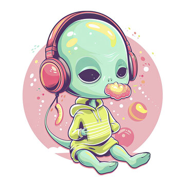  Alien Blowing Gum With Headphone Cartoon, Isolated Transparent Background Images