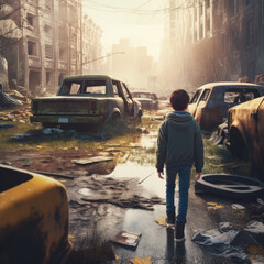 A child faces the aftermath of an urban disaster alone.