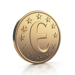 A 3D-rendered gold Euro coin with EU stars isolated on white.