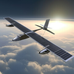 A solar-powered aircraft ascends into the glowing sunset sky.