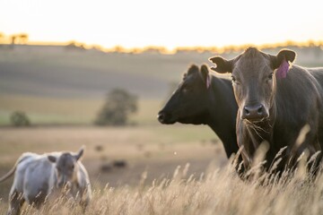fat Beef cows and calfs grazing on grass in south west victoria, Australia. in summer grazing on...