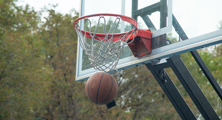 Ball in basketball hoop. Sport. Hobby. Lifestyle