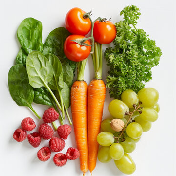 image of fresh fruits and vegetables, white background, three bright orange carrots, two types of tomatoes, green grapes, raspberries, and walnuts. The green leaves