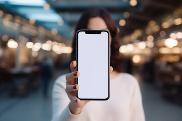 girl holding smartphone mockup with empty, blank screen