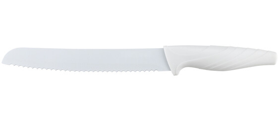 White professional bread knife isolated on a transparent background.
