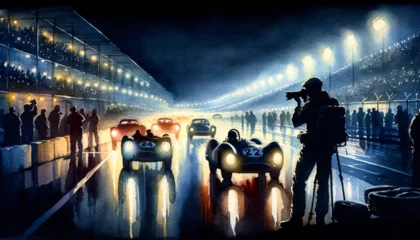Fototapeten watercolor of photographer capturing a vintage car race in rainy weather © frameworker