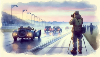 Stoff pro Meter watercolor of photographer capturing a vintage car race in rainy weather © frameworker