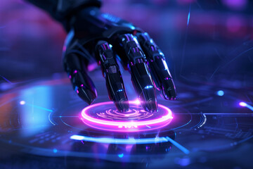 robotic hand pressing an AI button on a touch screen hologram, symbolizing advancements in technology and AI. integration of robotics and AI into everyday, human-machine interaction.