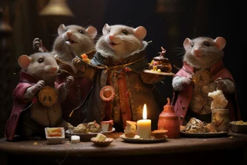 Fotobehang Festive Cute rats figurines for Chinese new year celebration. Golden small mouse statues for zodiacal festive day. Generate ai © juliars