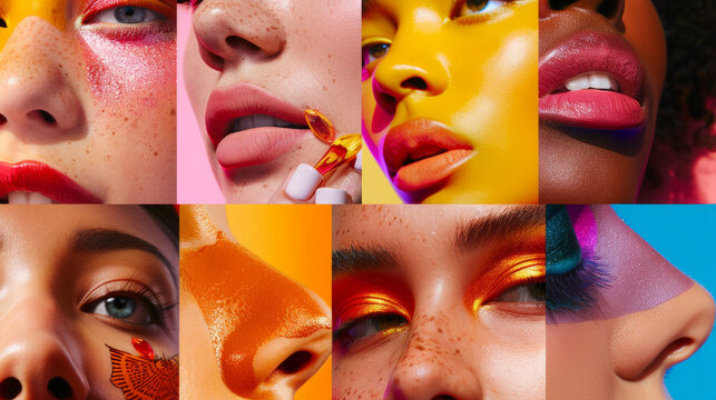 moodboard for cosmetics brand targeting Gen Z, emphasizing inclusivity and representation of diverse skin tones. collection of images showcasing a range of skin tones. vibrant makeup looks and trendy