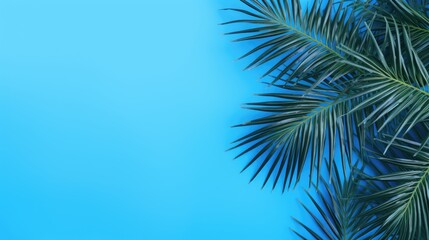 Fototapeta na wymiar Palm tree with tropical leaves on a blue background with a place to copy text, an even layer of green tropical leaves. The concept of recreation, tourism, and sea travel.
