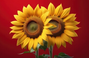 Two sunflower on red background. Illustration.