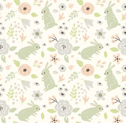 Easter pattern with bunnies and flowers - 748545904
