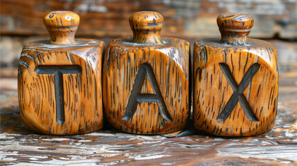 Wooden stamp with tax word on wooden background