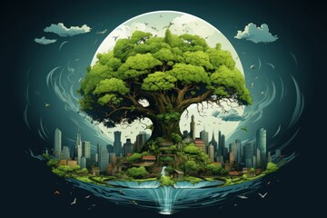The power of nature. Giant tree over a city. Generated with AI