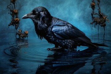 Playful Raven bird water bath. Street bird animal. Generate Ai