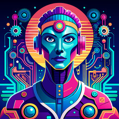 Vector illustration of a robot head on a colorful background. Artificial intelligence.