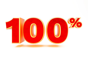 The number one hundred percent is in red - the number 100% is 3D illustrator and render, used for graphic banner design layouts, posters, wallpapers