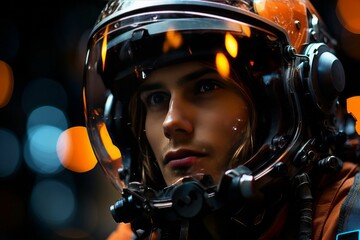 Astronaut helmet with colorful reflections. Generated with AI