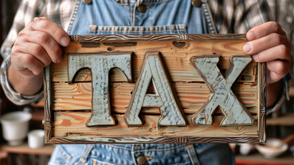 Closeup of a man holding an old wooden sign with the word tax