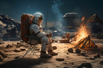 Space traveler. Astronaut sitting next to a camp fire on Mars. Generated with AI