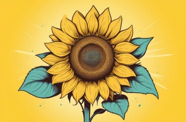 One sunflower on a yellow background. Illustration.