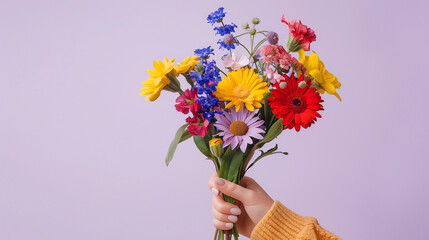 Bunch of colorful flowers against pastel colors background. summer aesthetic concept
