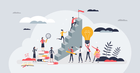 Personal growth and progress with potential success tiny person concept. Personality development with goal achievement and climbing career stairs vector illustration. Effective leadership team work. - obrazy, fototapety, plakaty
