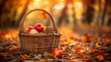 A wicker basket filled with a variety of fresh apples, placed on top of a bed of green leaves