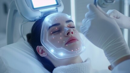 A woman lying in a hospital bed, receiving a high tech cosmetic treatment with a bright light shining on her face