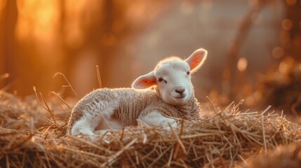 A young lamb is lying on top of a stack of hay, looking cozy and comfortable