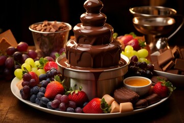 Fresh fruits with chocolate fountain. Generated with AI