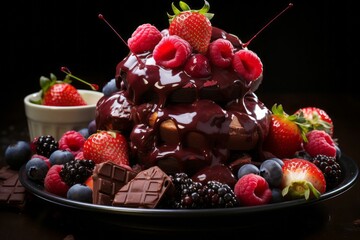 Delicious dessert with fruits and liquid chocolate. Generated with AI