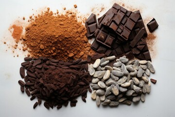 Chocolate from seeds to bars. Cacao powder. Generated with AI