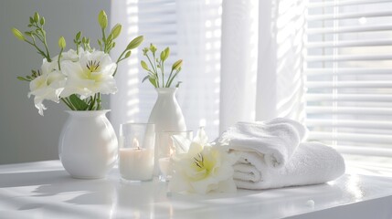Fototapeta na wymiar A white table is adorned with white vases filled with colorful flowers in a tranquil spa setting