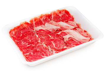Close up Red beef, Slices Wagyu beef with marbled texturein packaging isolate on white with clipping path.