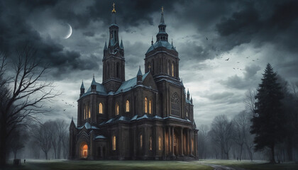 ominous stormy sky above a church building in the style of dark gothic watercolor - obrazy, fototapety, plakaty