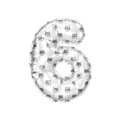 3D inflated balloon Number 6 with grey reflective meme coin Shiba Inu face pattern
